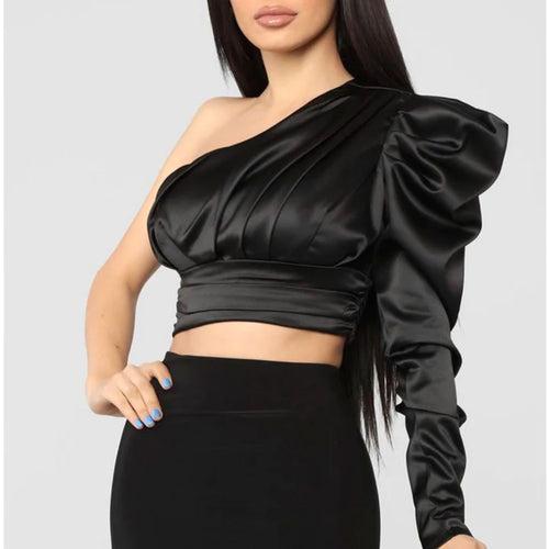 One Shoulder Long Sleeves Satin Top - Black