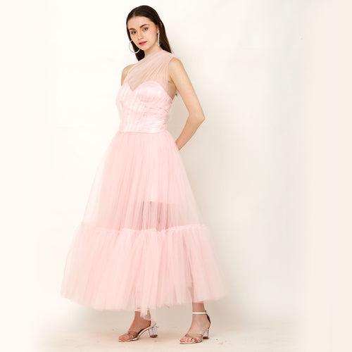 Sweetheart Neckline Tulle  A-Line Party Wear Maxi Dress – Baby Pink