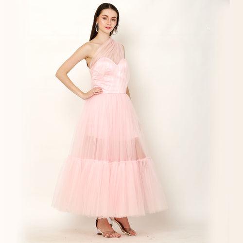 Sweetheart Neckline Tulle  A-Line Party Wear Maxi Dress – Baby Pink