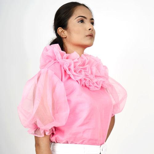 Ruffled Neck Puff Sleeve Top - Pink