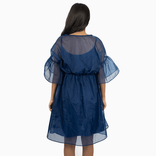 Round Neckline Organza Dress – Blue