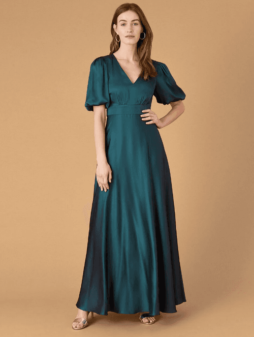 Puffed Sleeves Long Satin Maxi Dress –Teal Green