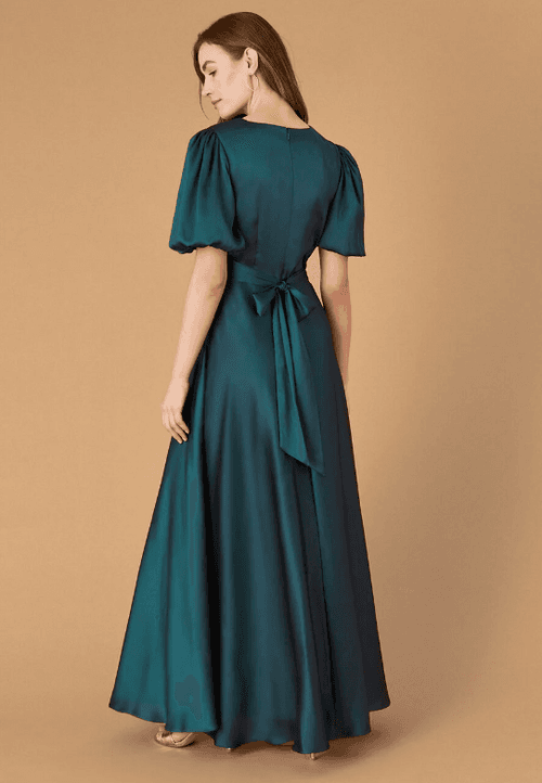 Puffed Sleeves Long Satin Maxi Dress –Teal Green