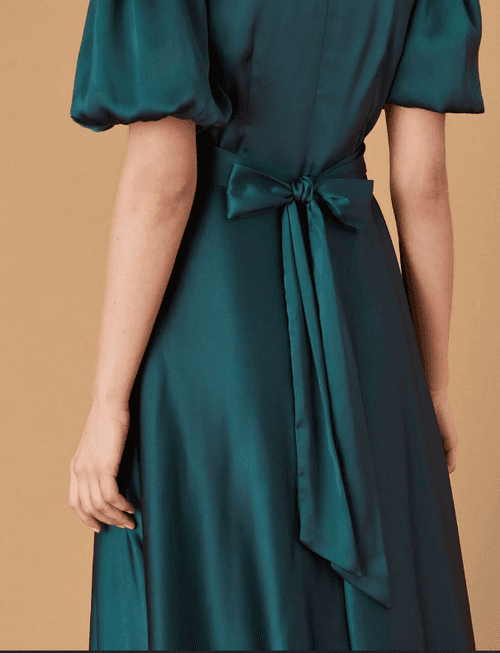 Puffed Sleeves Long Satin Maxi Dress –Teal Green