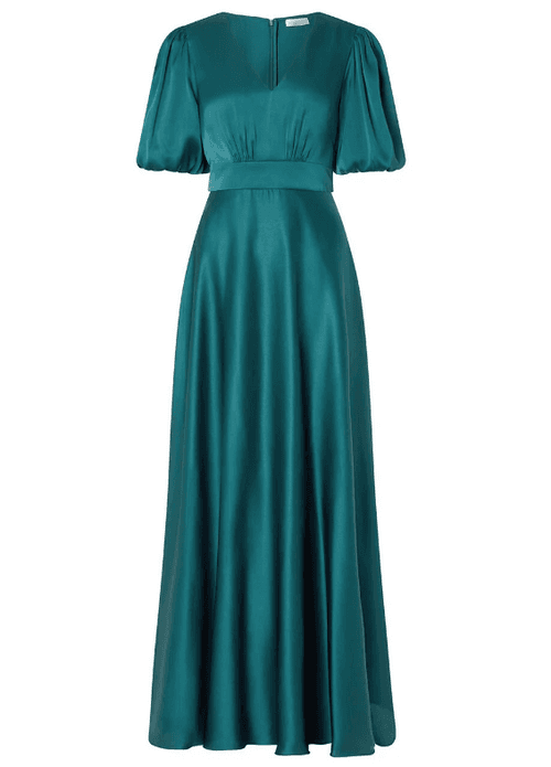 Puffed Sleeves Long Satin Maxi Dress –Teal Green