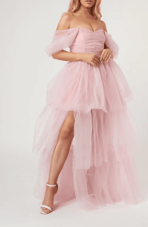 Beautiful Offshoulder Tulle Maxi Dress Baby Pink