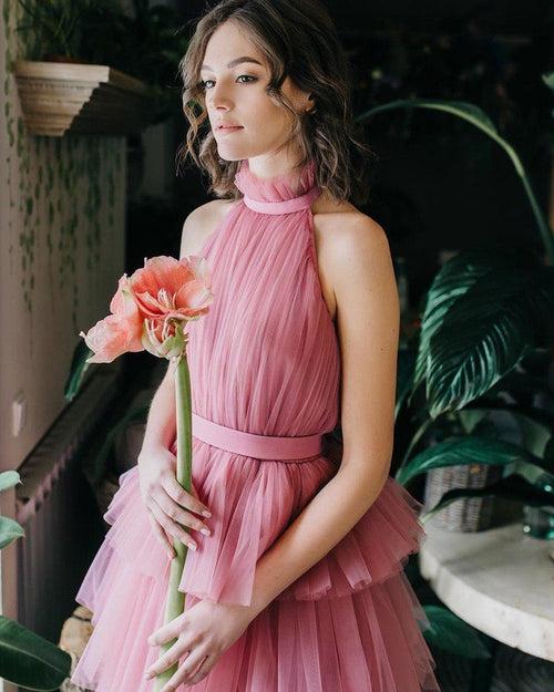 Dreamy Halter Neckline Long Party Wear Dress – Pink