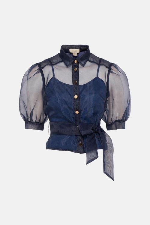 Organza Knotted Puff Sleeves Organza Top - Navy Blue