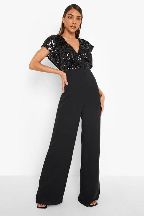 Shimmer V-neck Long Jumpsuit – Black