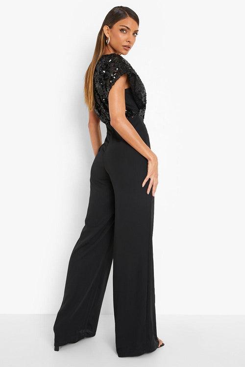 Shimmer V-neck Long Jumpsuit – Black