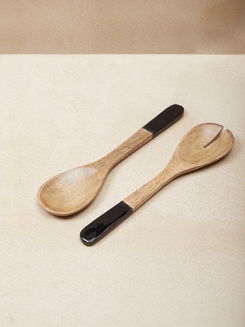 Black Wood Textured Salad Bowl with Spoons