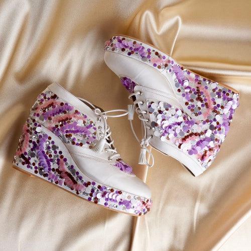 Purple Sequin embroidered Sneaker Wedges | Tiesta