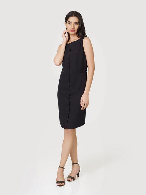 Elfin Front Buttoned Black Dress