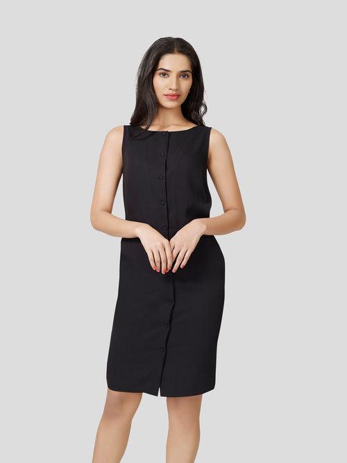 Elfin Front Buttoned Black Dress