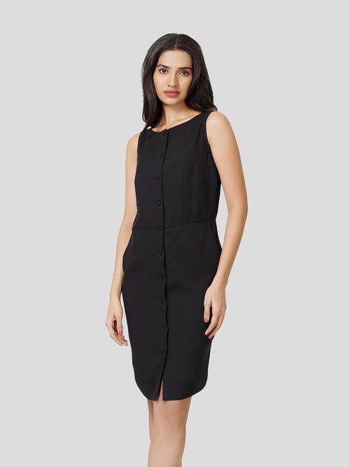 Elfin Front Buttoned Black Dress