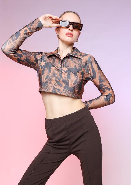 Full Sleeve Collared Top in Mud Brown