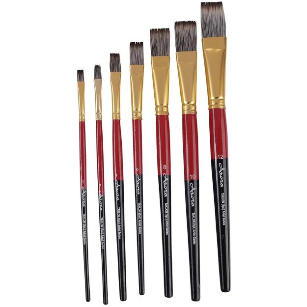 Arora Short Handle Triple Color Synthetic Flat Tip Artist Paint Brush Set of 7 (Wood)