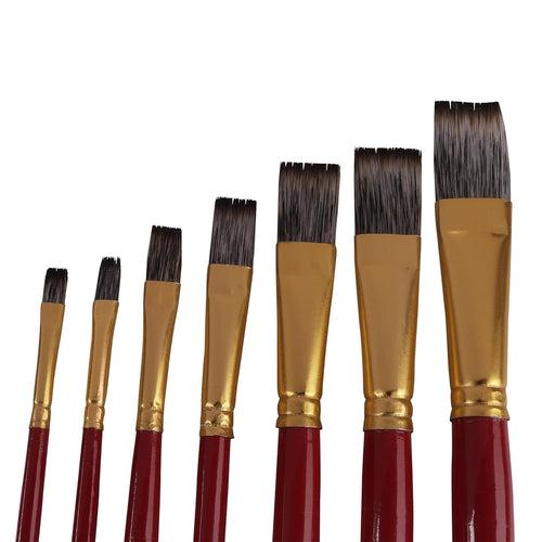 Arora Short Handle Triple Color Synthetic Flat Tip Artist Paint Brush Set of 7 (Wood)