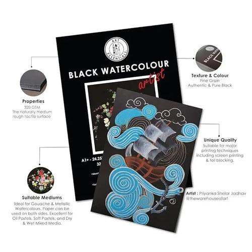 Art Essentials Black Watercolour Artist Paper Fine Grain 320GSM - Poly Pack(Loose)