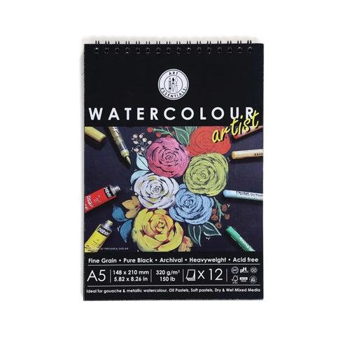 Art Essentials Black Watercolour Artist Paper Fine Grain 320GSM,12 SHT-Spiral Pad