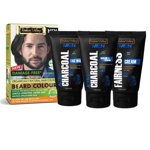 Complete Men's Grooming Combo - Charcoal Face Wash, Mask & Cream With Damage Free Beard Color Black