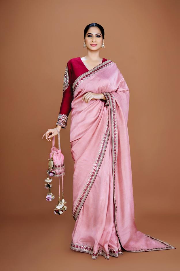 AANYA - Shell pink Silk Embroidered Saree