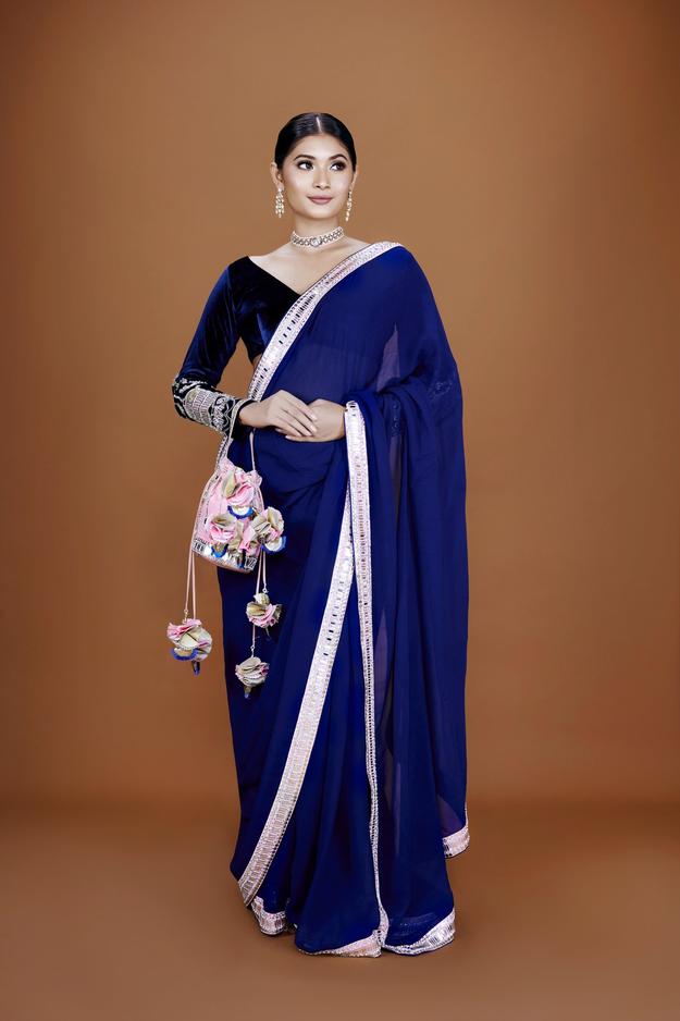 RAAVEE - Prussian Blue Georgette Embroidered Saree