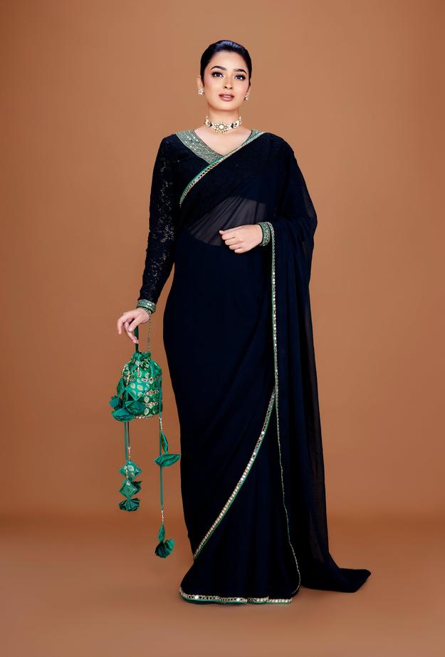 FIZA - Black Georgette Embellished Saree Set