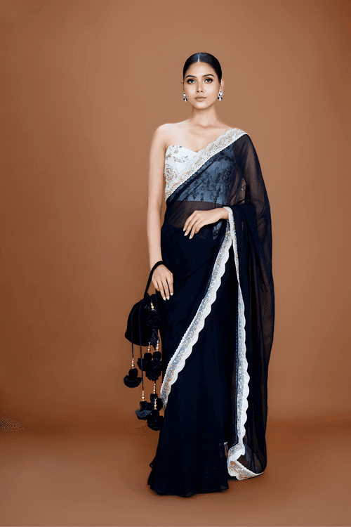 NITYA - Black Georgette Embroidered Saree Set