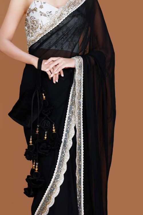 NITYA - Black Georgette Embroidered Saree Set