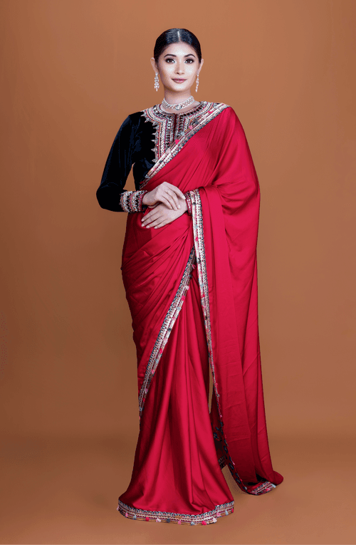 ANIKA - Cherry Red Embellished Saree Set