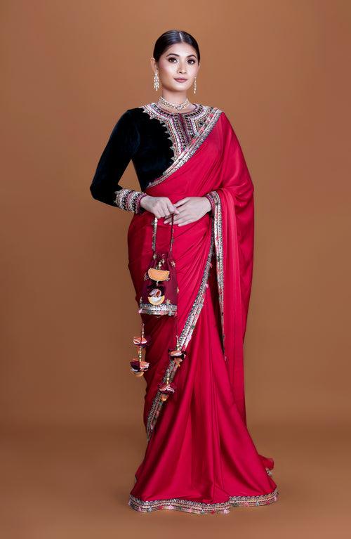 ANIKA - Cherry Red Embellished Saree Set