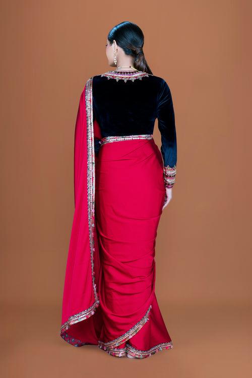 ANIKA - Cherry Red Embellished Saree Set