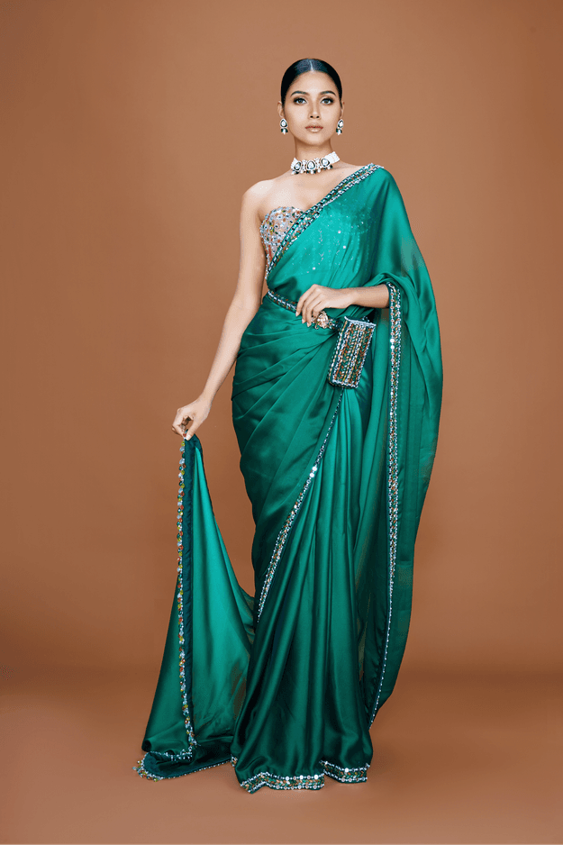 IRA - Emerald Green Embroidered Satin Saree Set