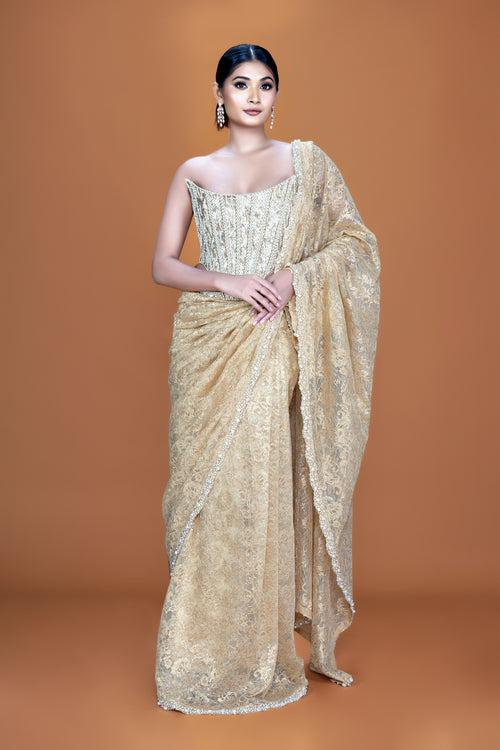 TISHYA - Gold Lace Embroidered Saree Set