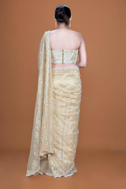 TISHYA - Gold Lace Embroidered Saree Set