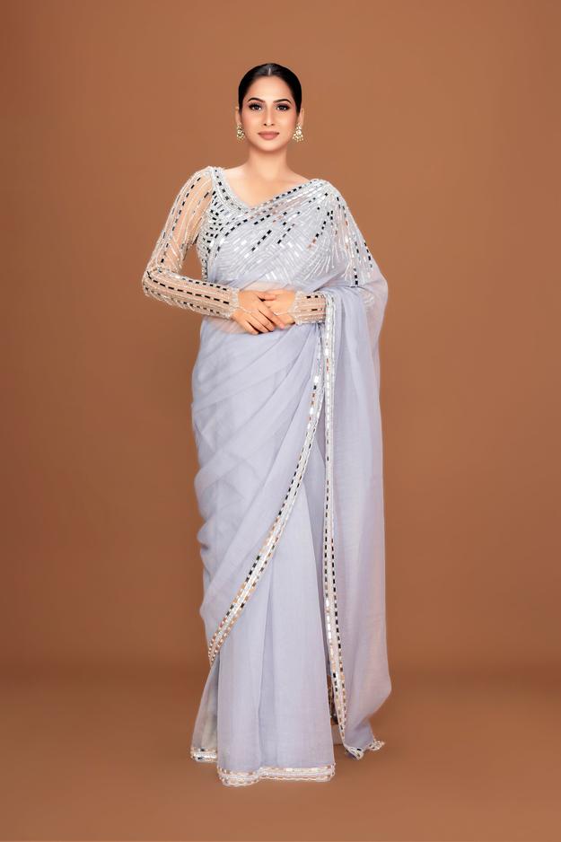 KASHVI - Pewter Grey Embellished Saree Set