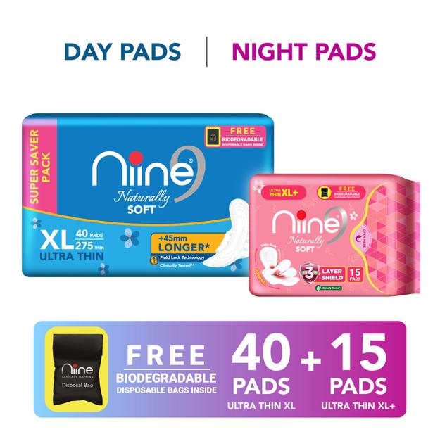 Niine Naturally Cottony Soft (XL, XL+) Ultra-Thin Day & Night Protection - Combo of 2 Sanitary Pad (Pack of 55)