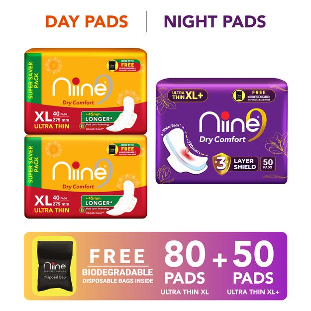 Niine Dry Comfort(XL, XL+)Ultra-Thin Day & Night Protection for Heavy Flow-Combo of 3 Sanitary Pad (Pack of 130)