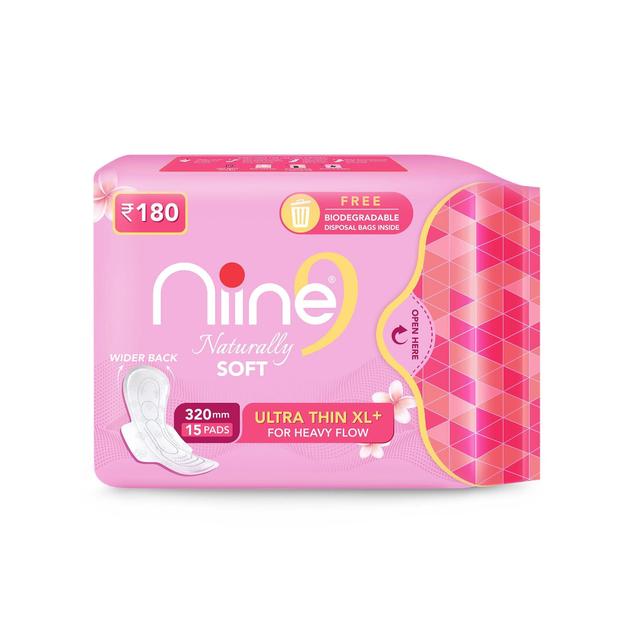 Niine Naturally Soft Ultra Thin XL+ SUPER SAVER PACK, Sanitary Napkins with Biodegradable Disposal Bags Inside (Pack of 5), 75 Pads Count Sanitary Pad (Pack of 75)