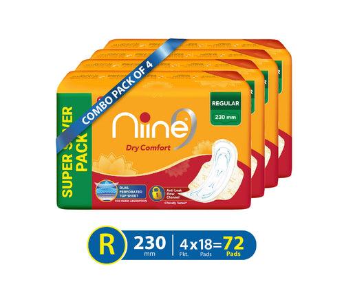 Niine Dry Comfort Regular SUPER SAVER PACK Sanitary Napkins for women, (Pack of 4), 72 Pads Count Sanitary Pad (Pack of 72)