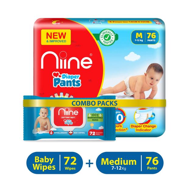 Niine combo of Baby Diaper Pants(7-12KG) Medium size 76 Pieces with Baby Wipe 72 Pieces - M (148 Pants)