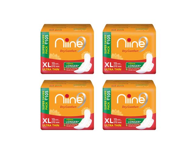 Niine Dry Comfort Ultra Thin Sanitary Pads for women (Pack of 4), 60 Pads Count (Super Saver Pack) Sanitary Pad (Pack of 60)