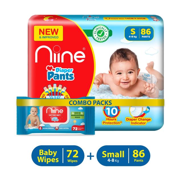 Niine combo of Baby Diaper Pants (4-8KG) Small size 86 Pieces with Baby Wipe 72 Pieces - Small size