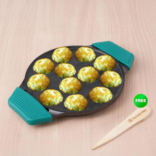 12 Pit/Cup CASTrong Cast Iron Paniyaram/Appe Pan, Pre-seasoned, Toxin-free, Free Cool Silicone Grip + Spatula, 21 cm, 2.2 kg