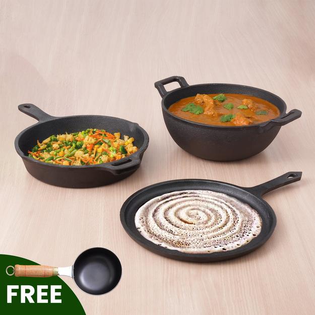 CASTrong Cast Iron Cookware Set: Tawa+ Kadai+ Frypan, Kitchen Set for Home, Pre-seasoned, 100% Pure, Induction, Free ₹400 Tadka Pan