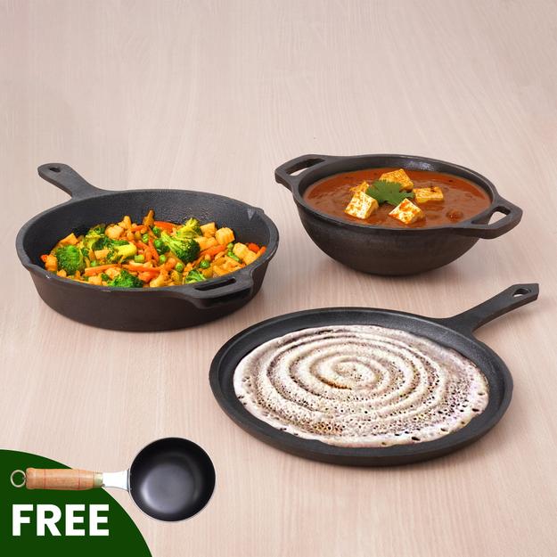 CASTrong Cast Iron Cookware Set: Free ₹400 Tadka Pan + Cast Iron Tawa With Handle (Pre Seasoned) + Cast Iron Kadai Wok Model + Cast Iron Fry Pan, Kitchen set for Home, 100% Pure, Toxin-free