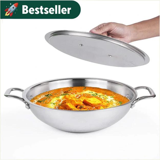 TurboCuk Tri-ply Stainless Steel Kadai+ Steel Lid, Premium Quality, 3 Layer Thick Body, 100% Toxin-free, Non-stick, Induction & Gas, 3L/3.5L/3.9L/4.5L