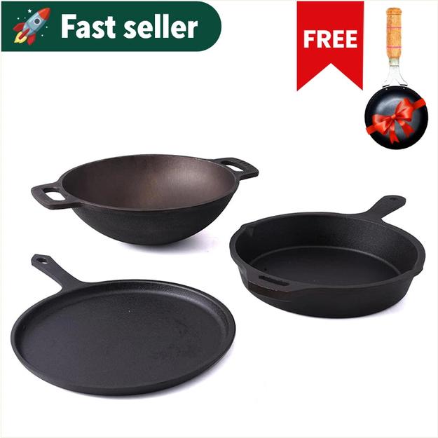 CASTrong Cast Iron Cookware Set: Free ₹400 Tadka Pan + Cast Iron Tawa With Handle (Pre Seasoned) + Cast Iron Kadai Wok Model + Cast Iron Fry Pan, Kitchen set for Home, 100% Pure, Toxin-free