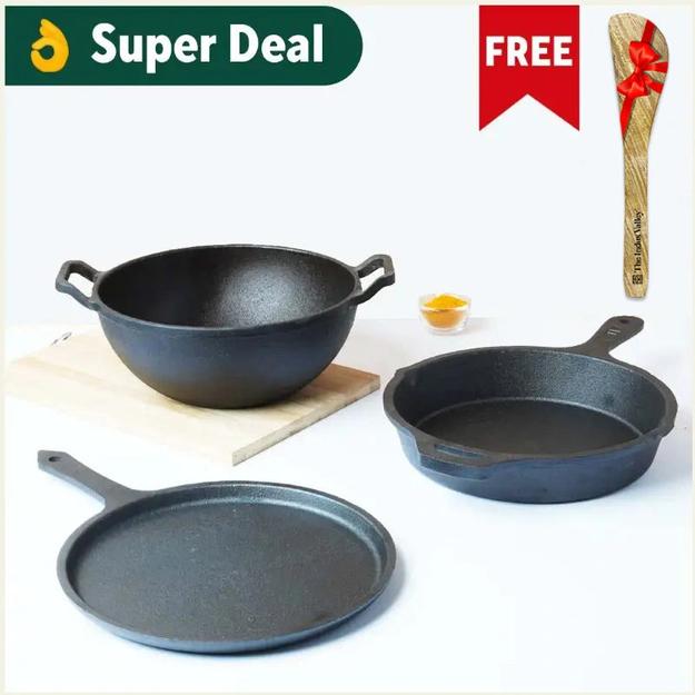 CASTrong Cast Iron Cookware Set: Free ₹110 Spatula +Tawa+Kadai+Frypan,Kitchen set for Home, Pre-seasoned,100% Pure,Induction